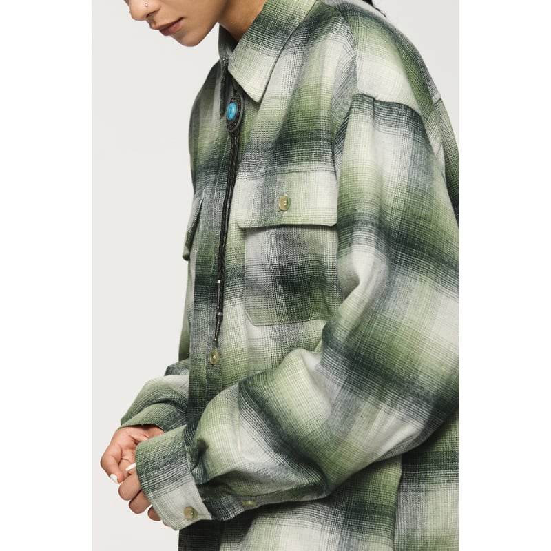 オンブレチェック フラップポケット長袖シャツ B633