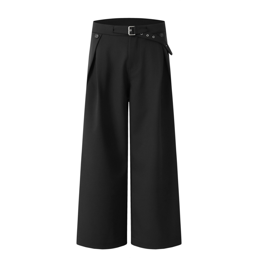 ストレッチポリ ベルテッド 変形タック ワイドパンツ N678