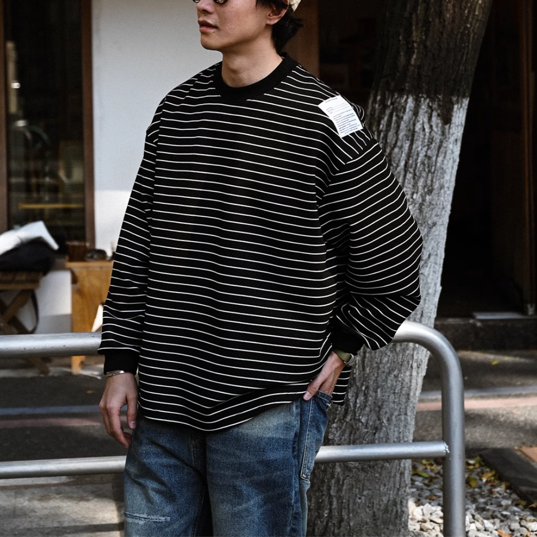 ラウンドヘム ラベル付き ボーダー ロングスリーブTシャツ N295