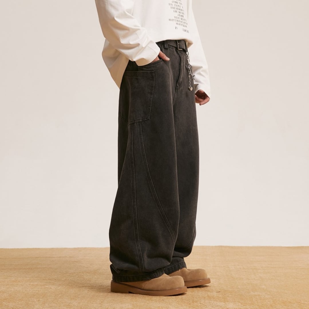 ブラックデニム ワイドストレートパンツ B622