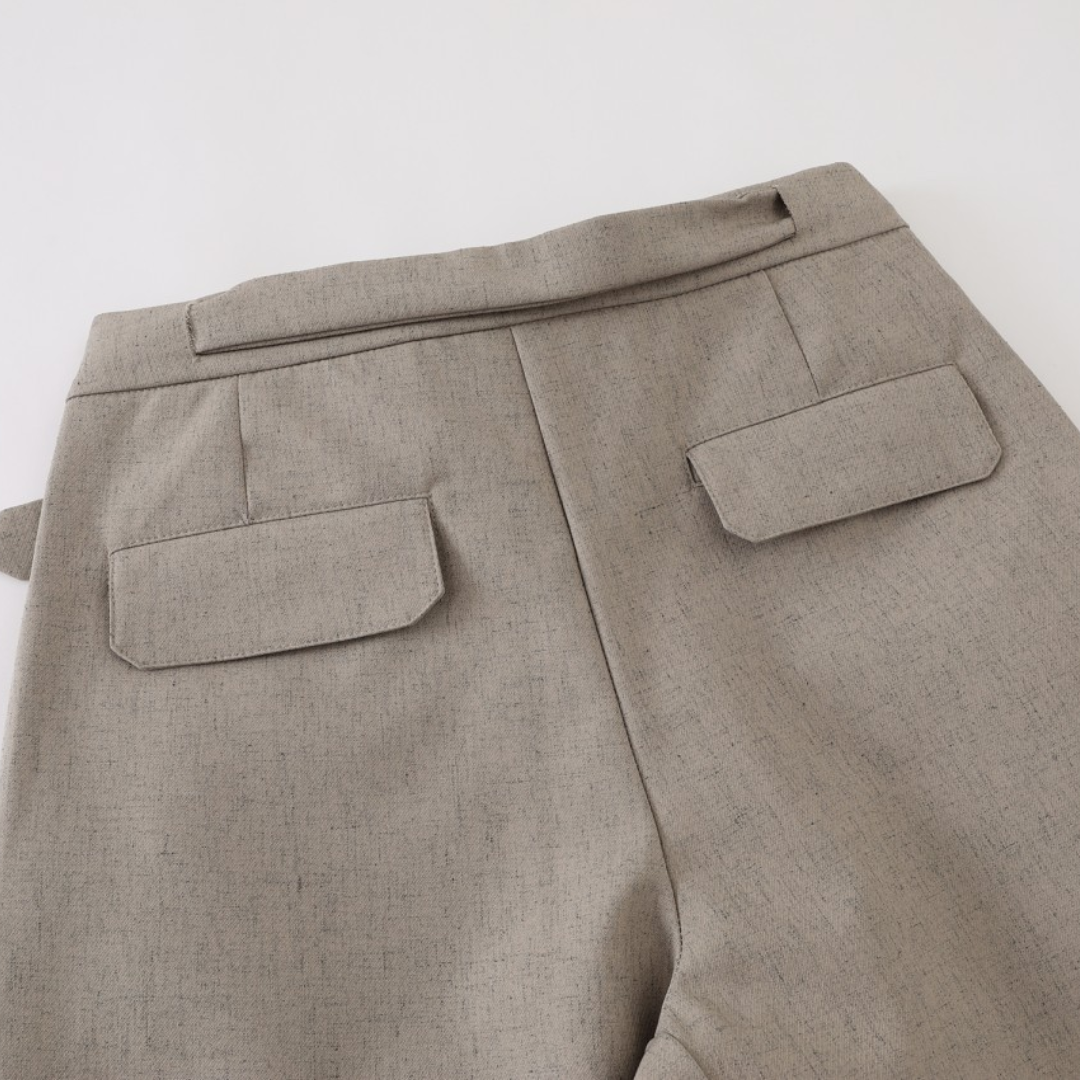 ストレッチポリ ベルテッド 変形タック ワイドパンツ N678