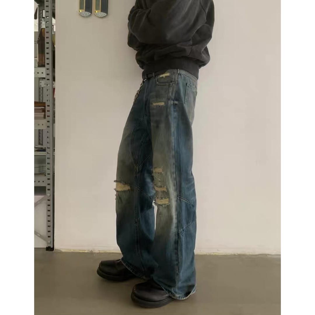 Vintage Wash ダメージデニム ルーズストレート パンツ C248