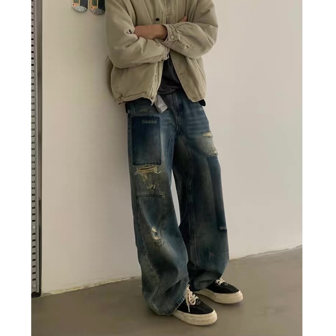 ダメージ パッチワークデニム ワイドストレートパンツ C252
