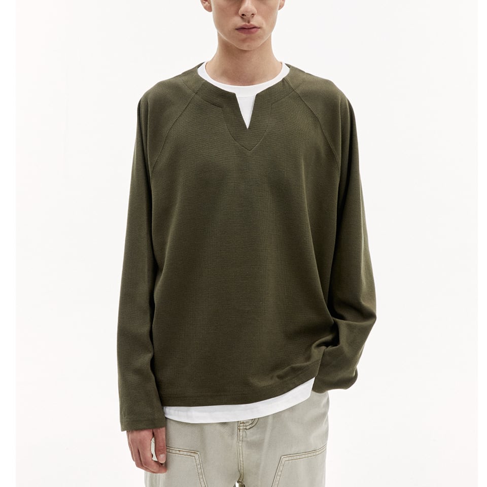 ワッフル ヘンリーネック 長袖Tシャツ B515