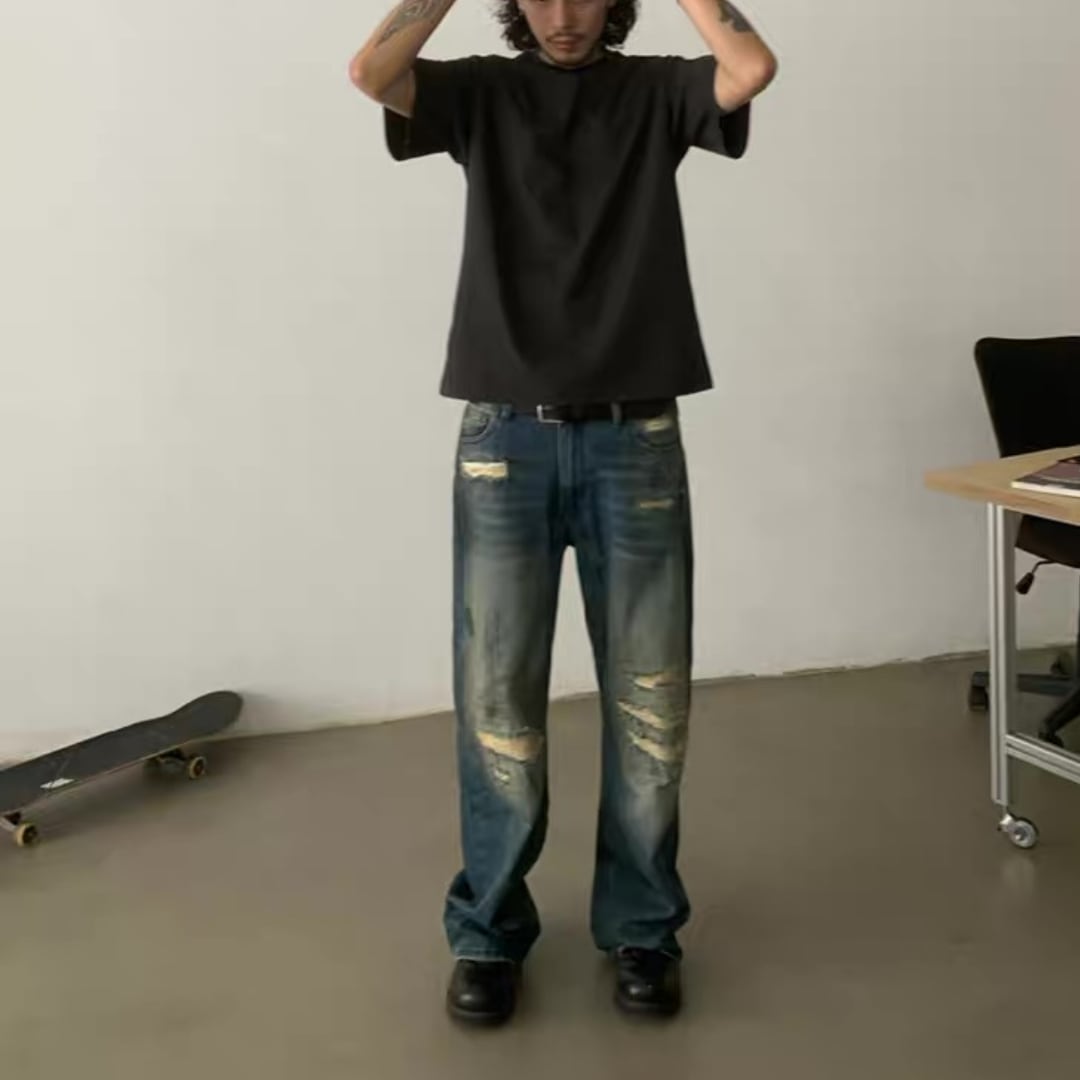 Vintage Wash ダメージデニム ルーズストレート パンツ C248