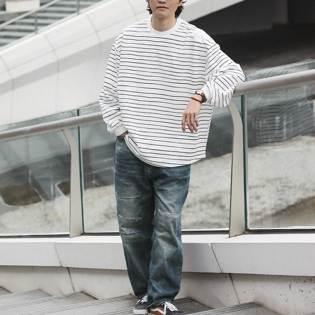 ラウンドヘム ラベル付き ボーダー ロングスリーブTシャツ N295