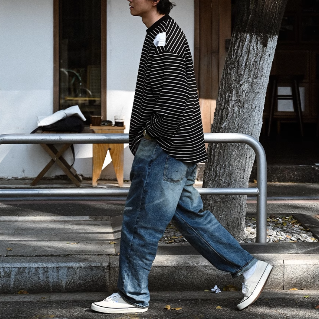 ラウンドヘム ラベル付き ボーダー ロングスリーブTシャツ N295