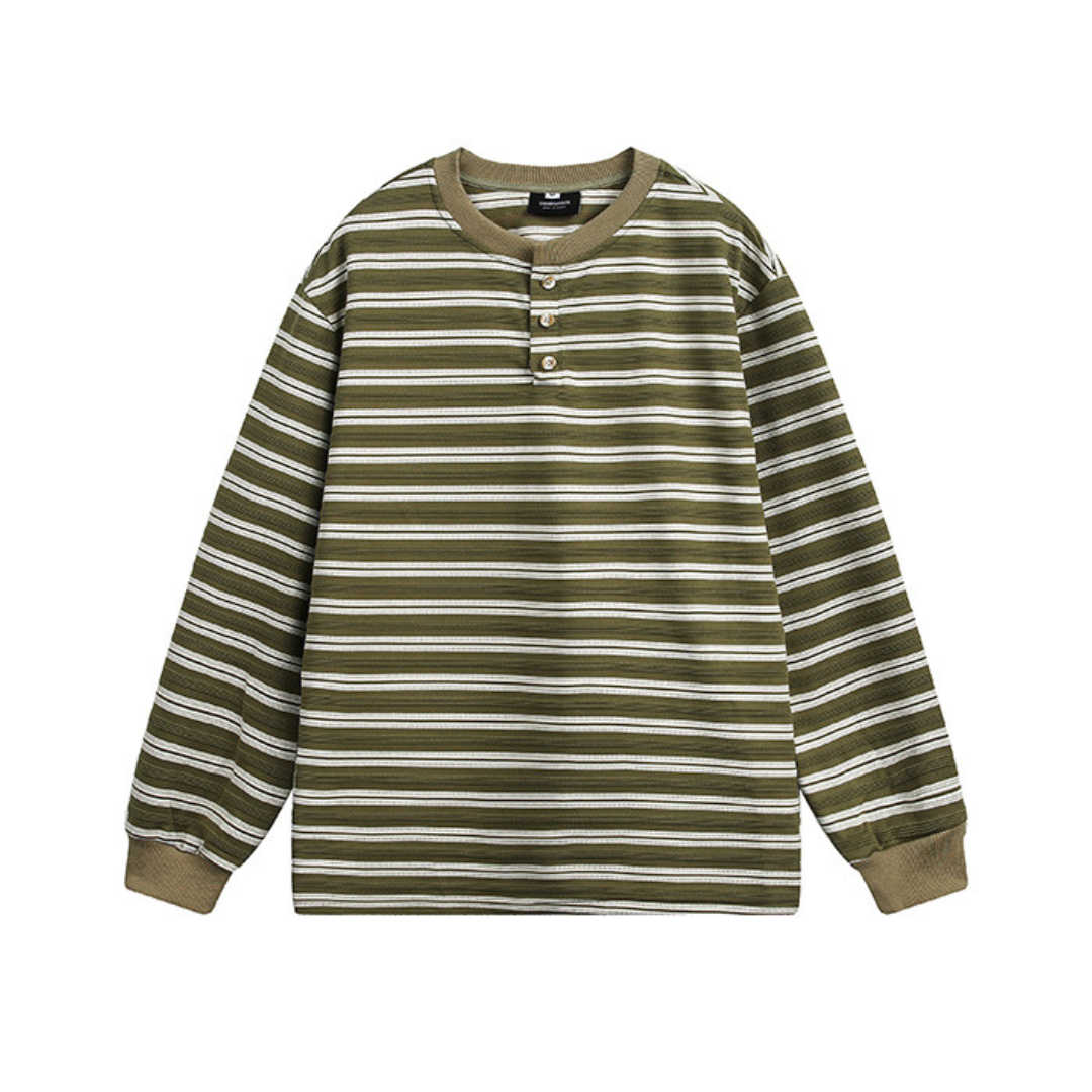 Multi-border Henley neck long sleeve T-shirt N176