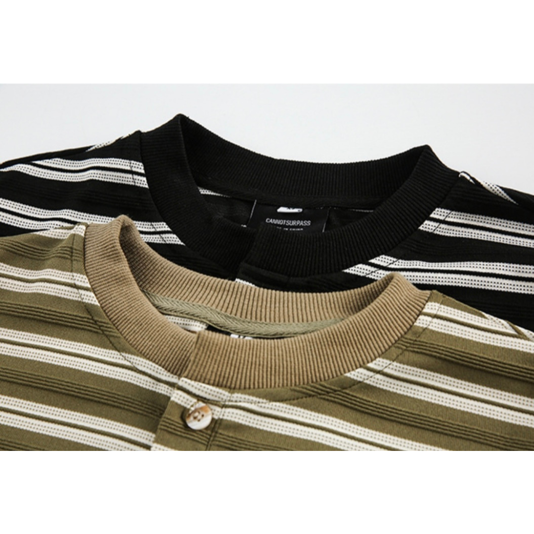 Multi-border Henley neck long sleeve T-shirt N176