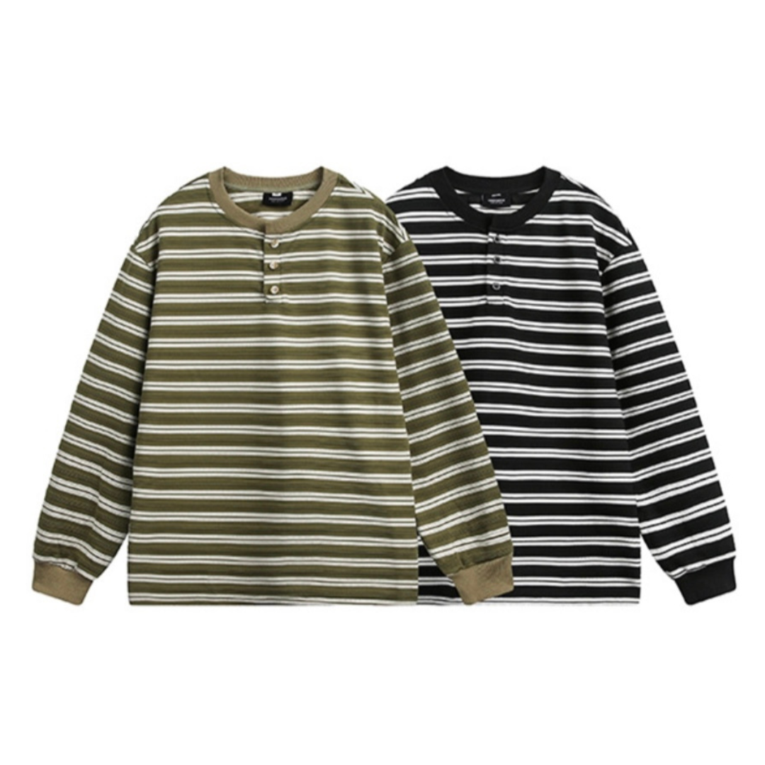 Multi-border Henley neck long sleeve T-shirt N176
