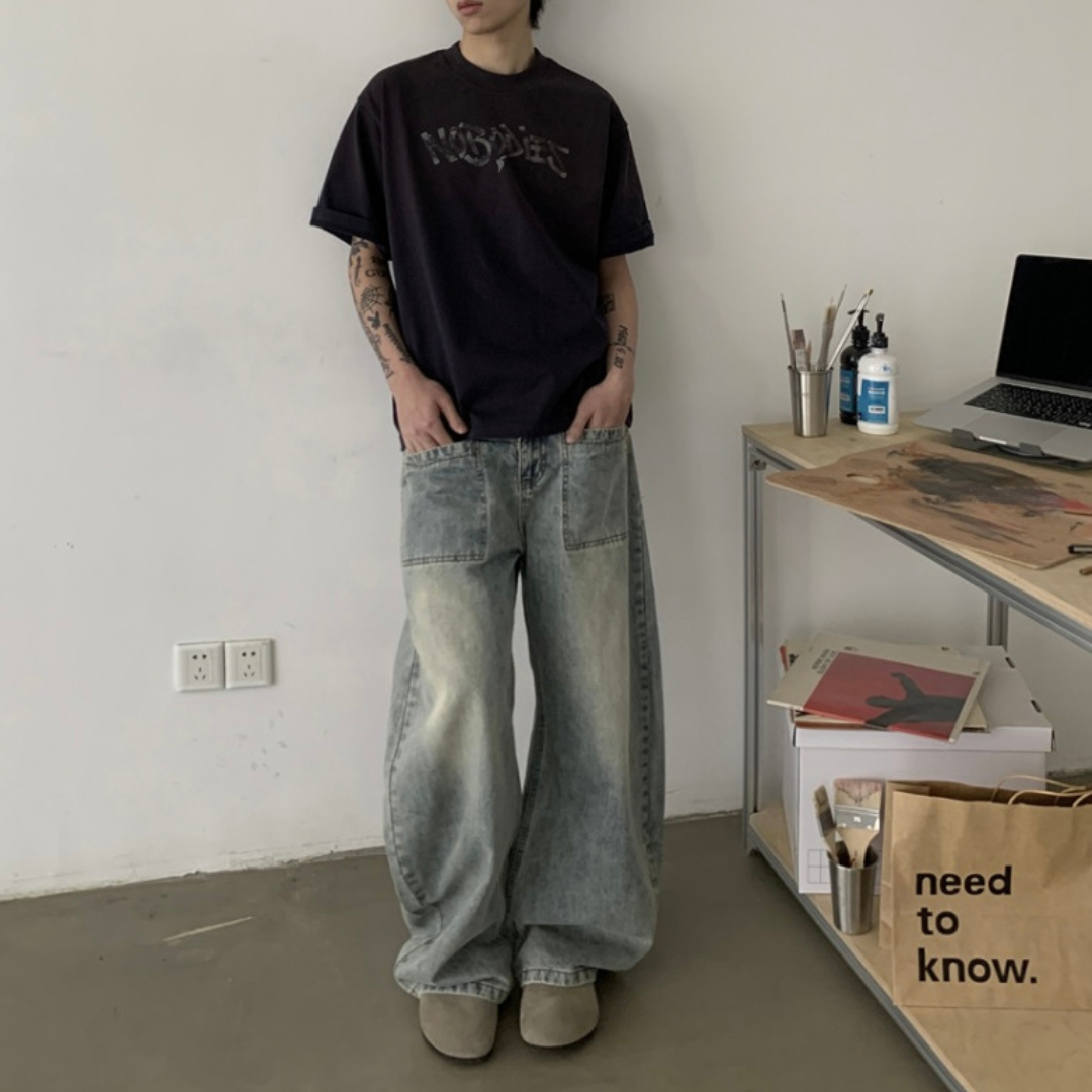 ハードウォッシュ パッチポケット バレルデニムパンツ N646