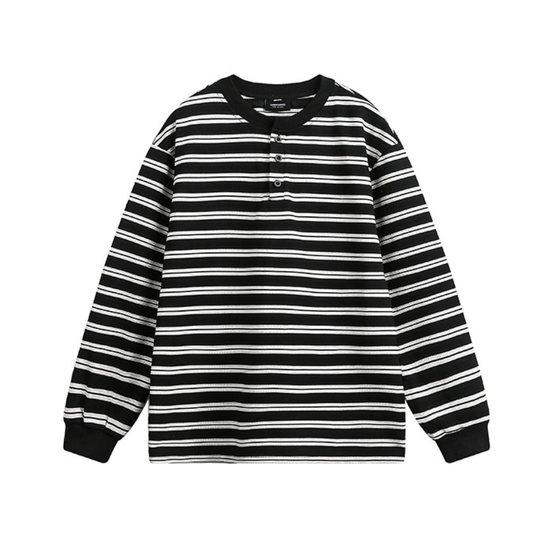 Multi-border Henley neck long sleeve T-shirt N176
