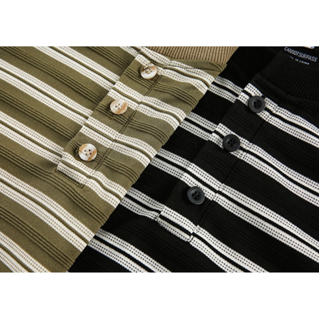 Multi-border Henley neck long sleeve T-shirt N176