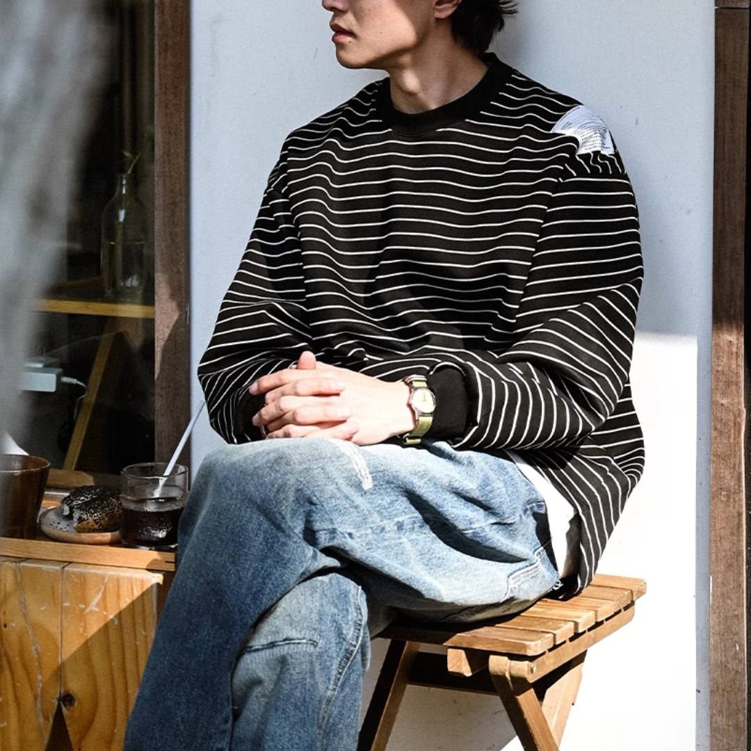 ラウンドヘム ラベル付き ボーダー ロングスリーブTシャツ N295