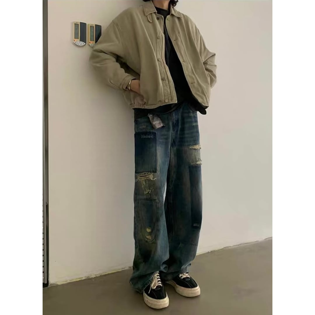 ダメージ パッチワークデニム ワイドストレートパンツ C252