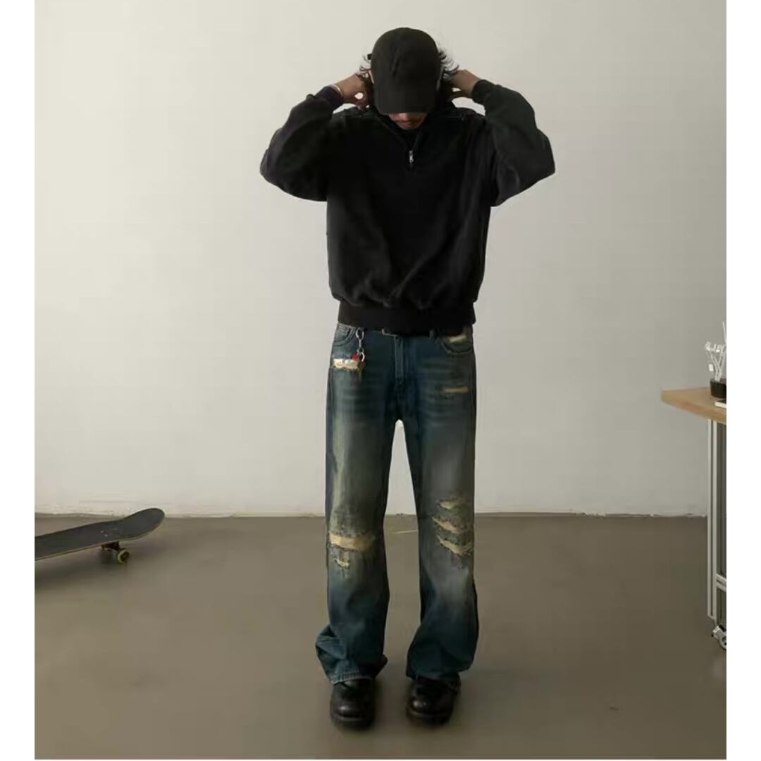 Vintage Wash ダメージデニム ルーズストレート パンツ C248