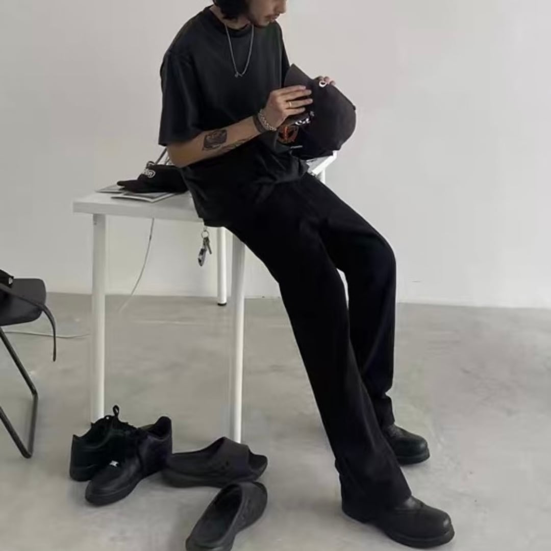 Black denim slim semi-flare pants C263