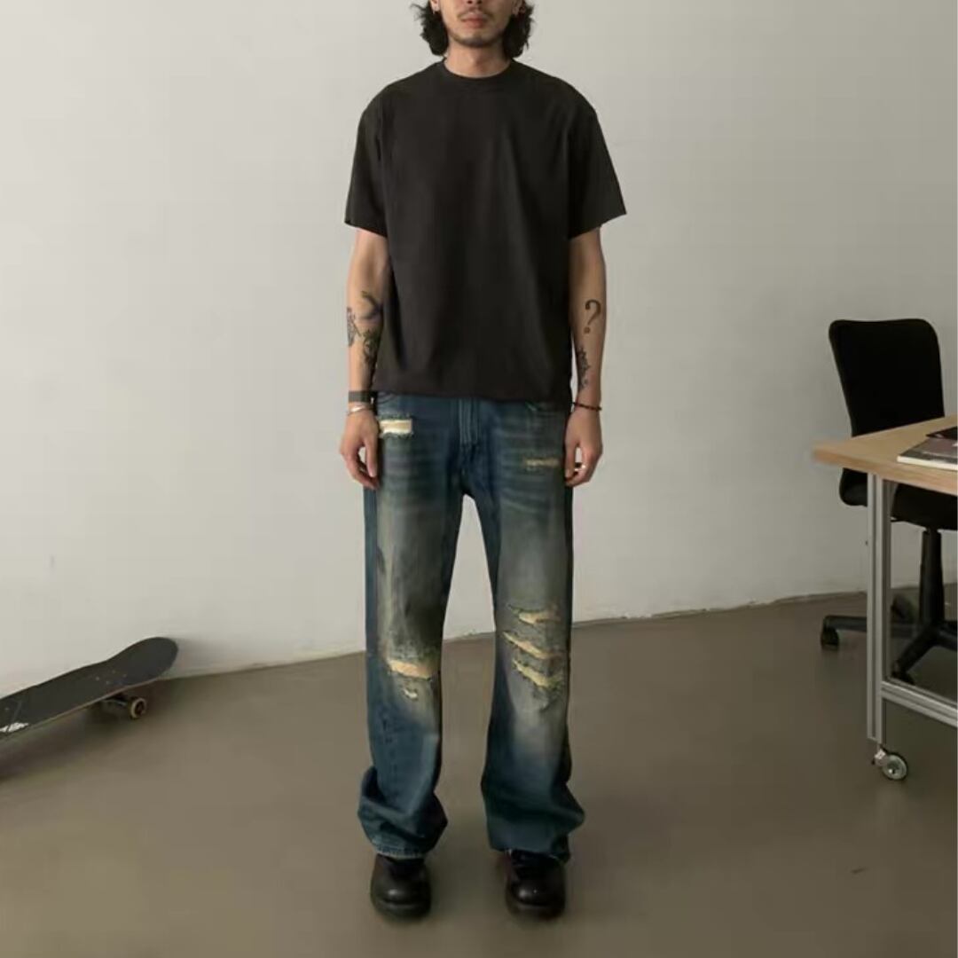 Vintage Wash ダメージデニム ルーズストレート パンツ C248
