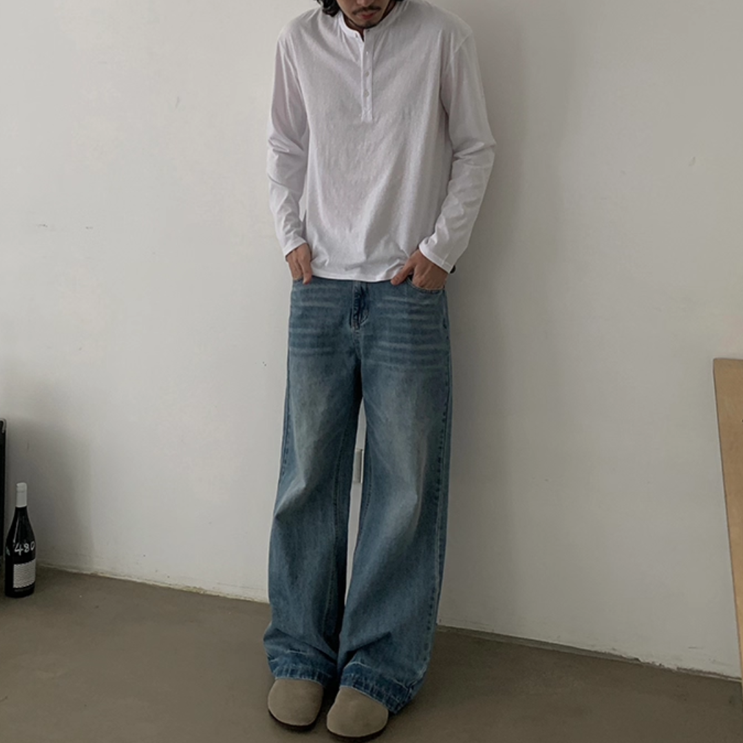 スラブコットン　ヘンリーネック　長袖Tシャツ　N658