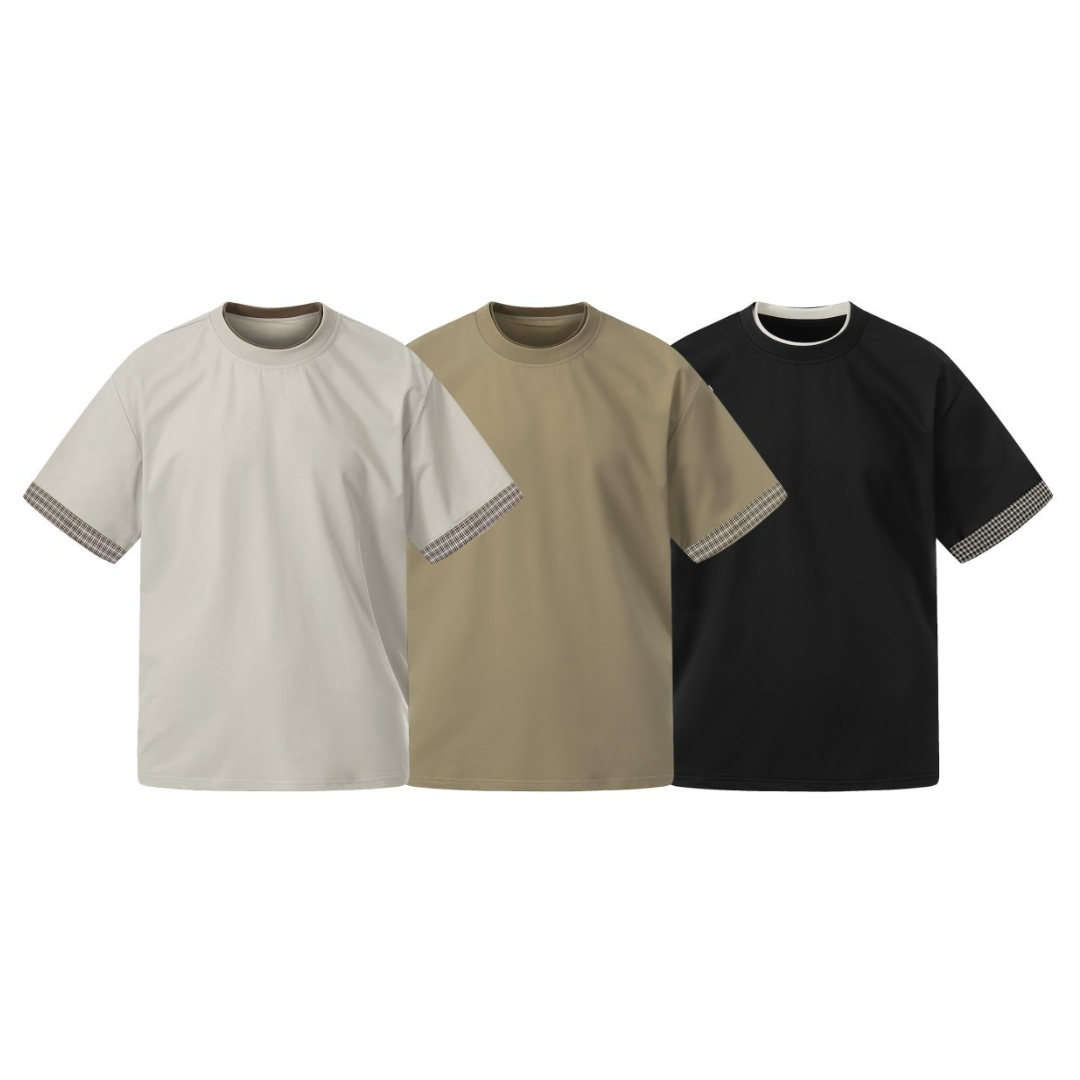 カフスチェック　フェイクレイヤードTシャツ　N1619