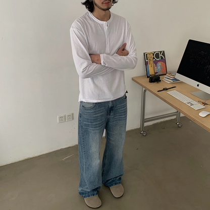 スラブコットン　ヘンリーネック　長袖Tシャツ　N658