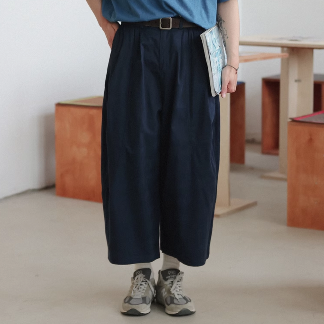 Multi-pattern wide straight cropped pants N261 navy