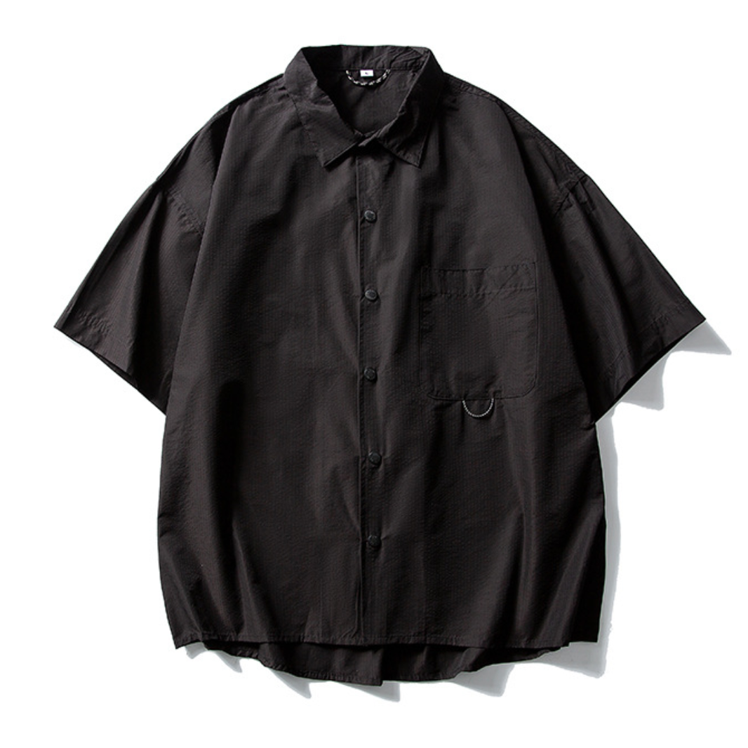 Dry Seersucker Short-Sleeve Snap Button Shirt N1405 ブラック