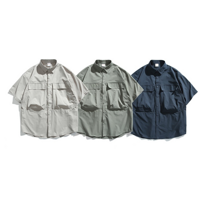 Wフラップポケット　スナップボタン　半袖シャツ　N443