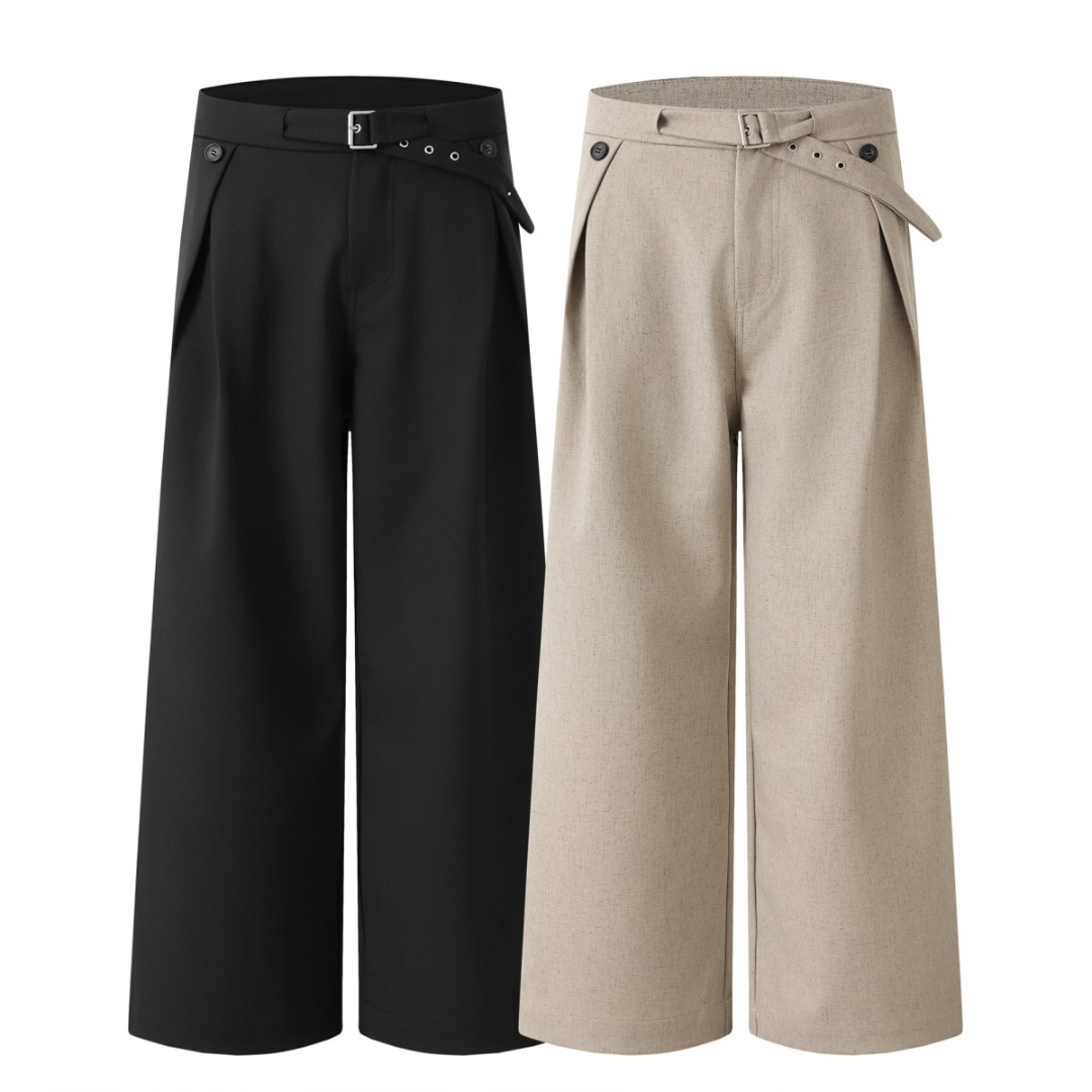 ストレッチポリ ベルテッド 変形タック ワイドパンツ N678