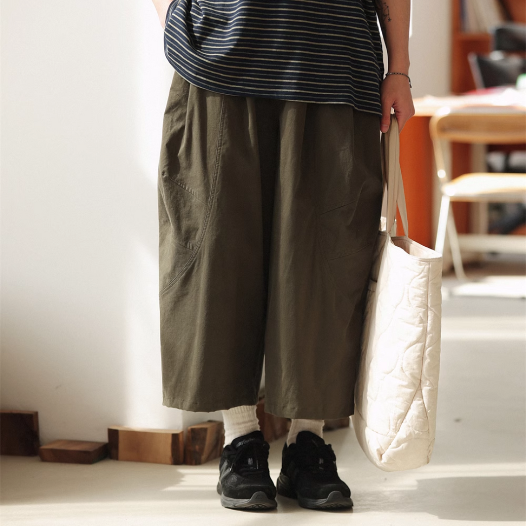 Multi-pattern wide straight cropped pants N261 Khaki Green