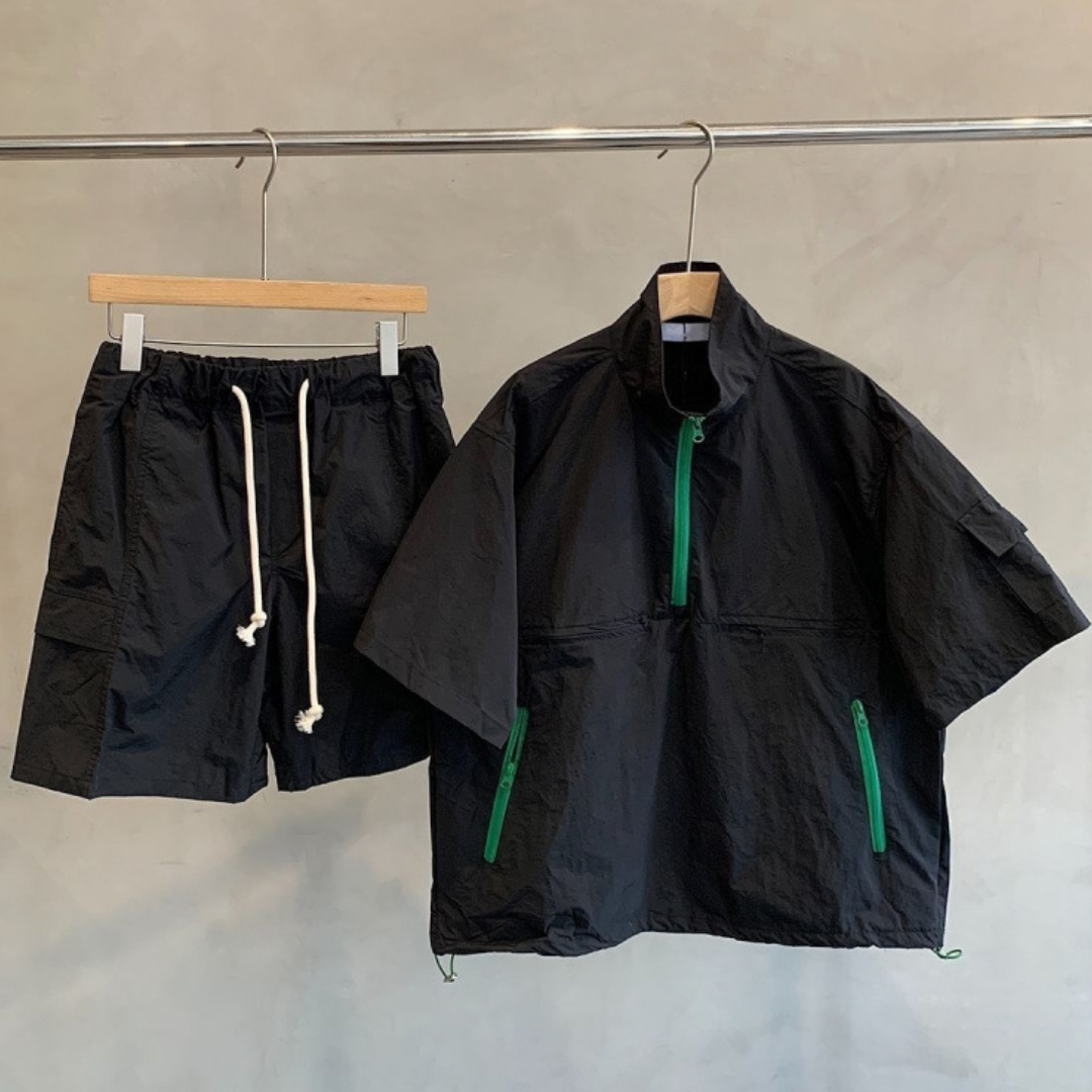 ポリエステル　ハーフジップ半袖シャツ　ショートパンツ　セットアップ　N1469