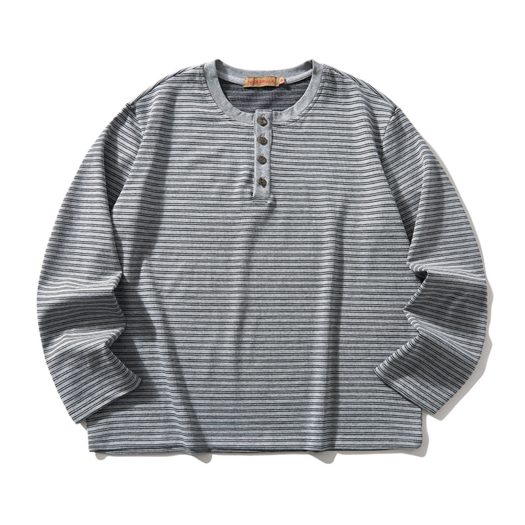 ストレッチボーダー　ヘンリーネック　長袖Tシャツ　N1673
