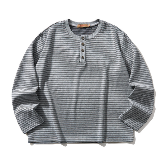 ストレッチボーダー　ヘンリーネック　長袖Tシャツ　N1673