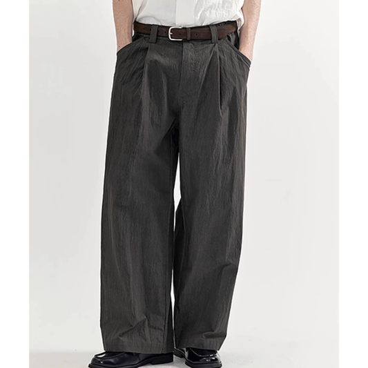Cotton nylon tuck wide straight pants N733