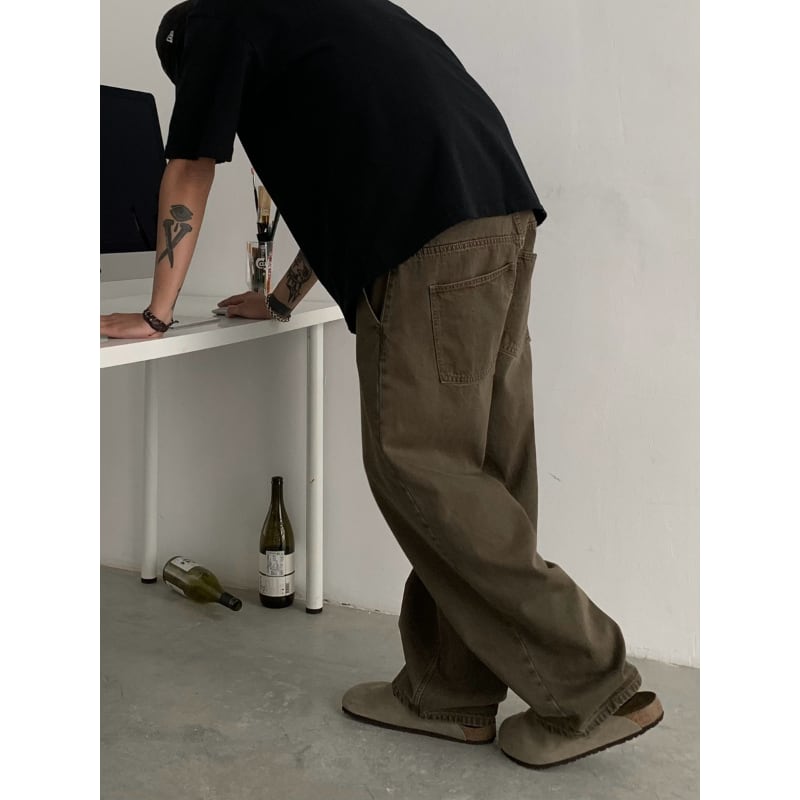 Washed Straight Wide Pants B608 brown