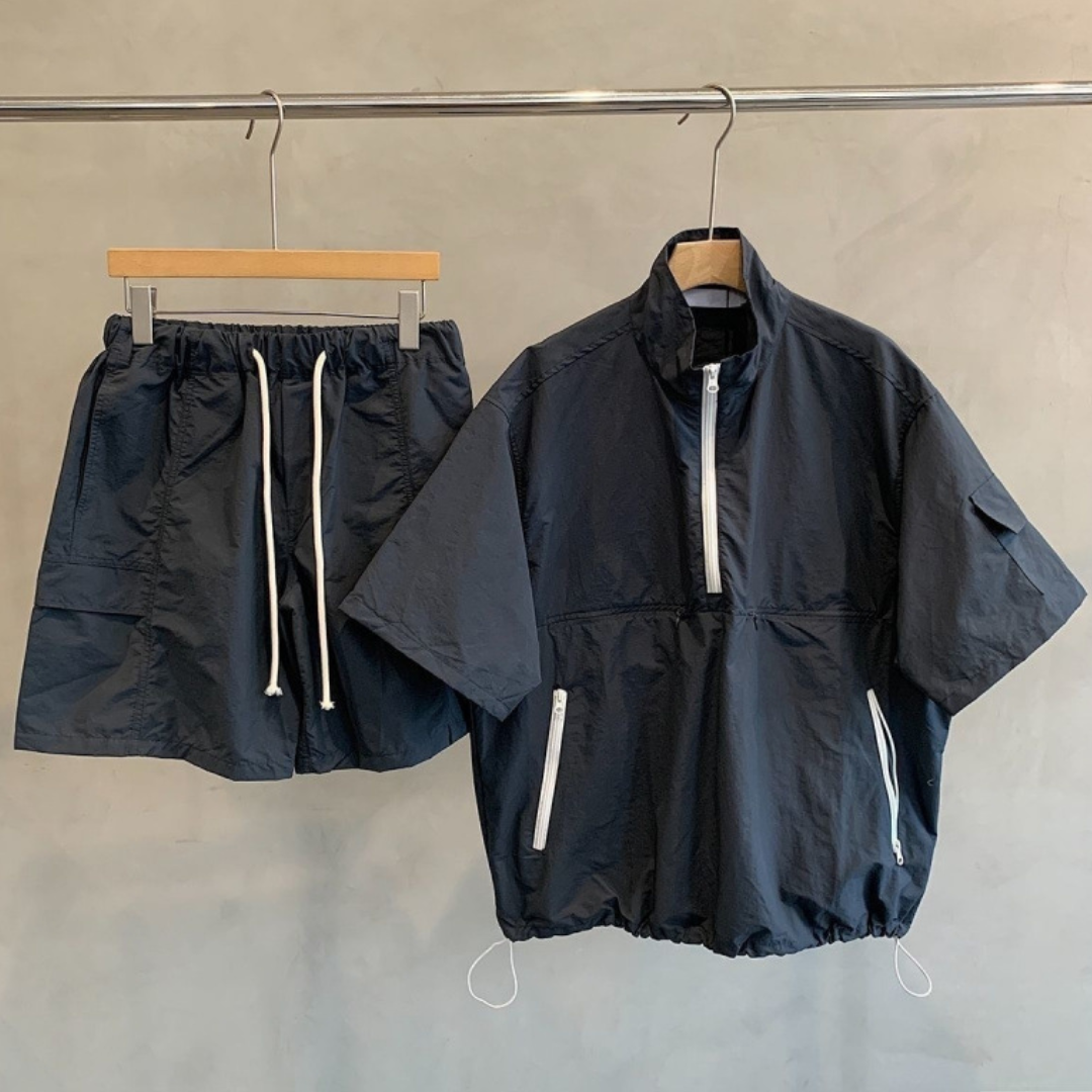 ポリエステル　ハーフジップ半袖シャツ　ショートパンツ　セットアップ　N1469