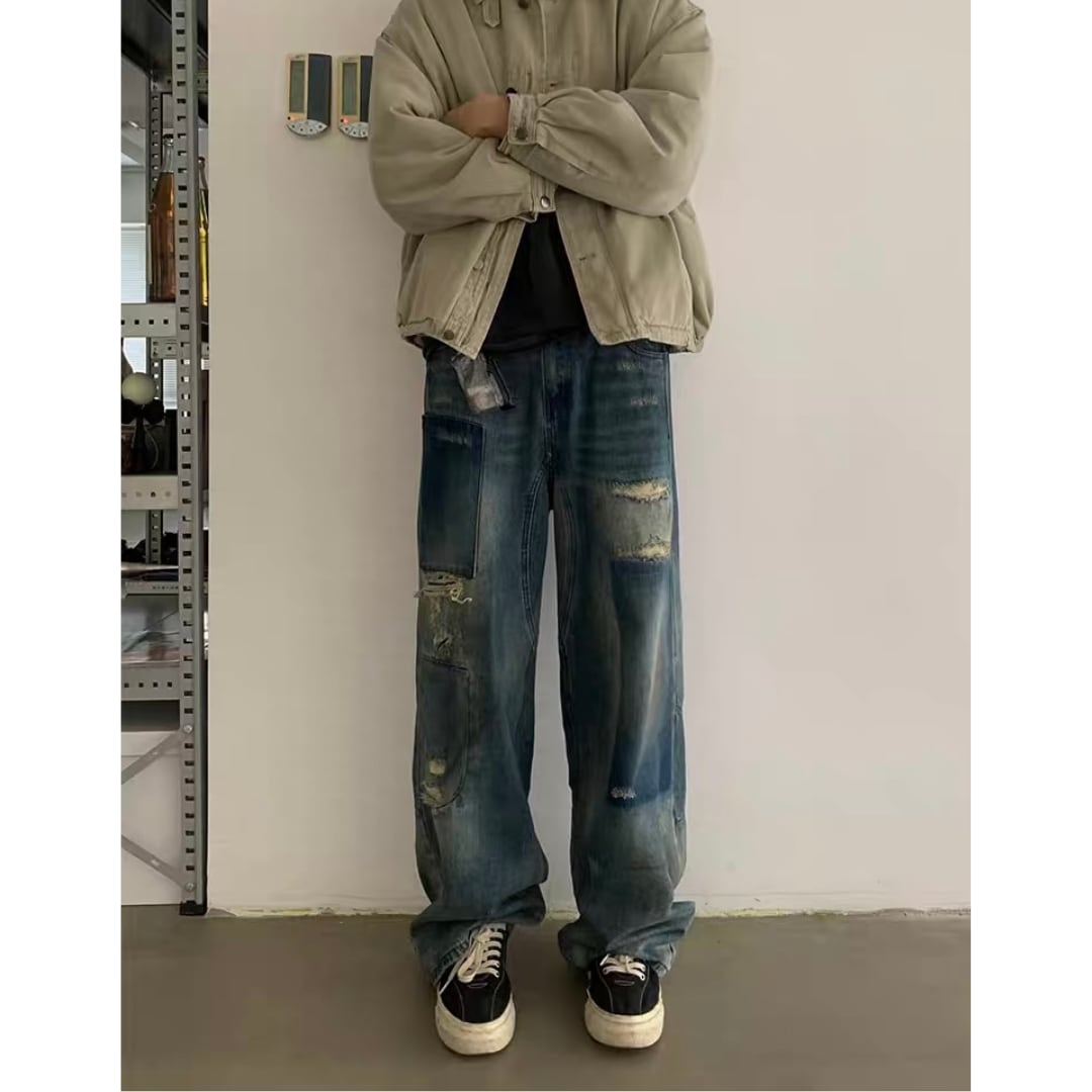 ダメージ　パッチワークデニム　ワイドストレートパンツ　C252