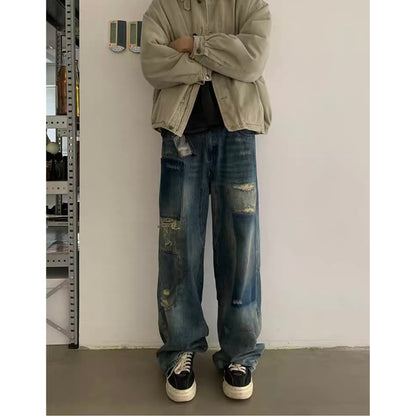 ダメージ　パッチワークデニム　ワイドストレートパンツ　C252