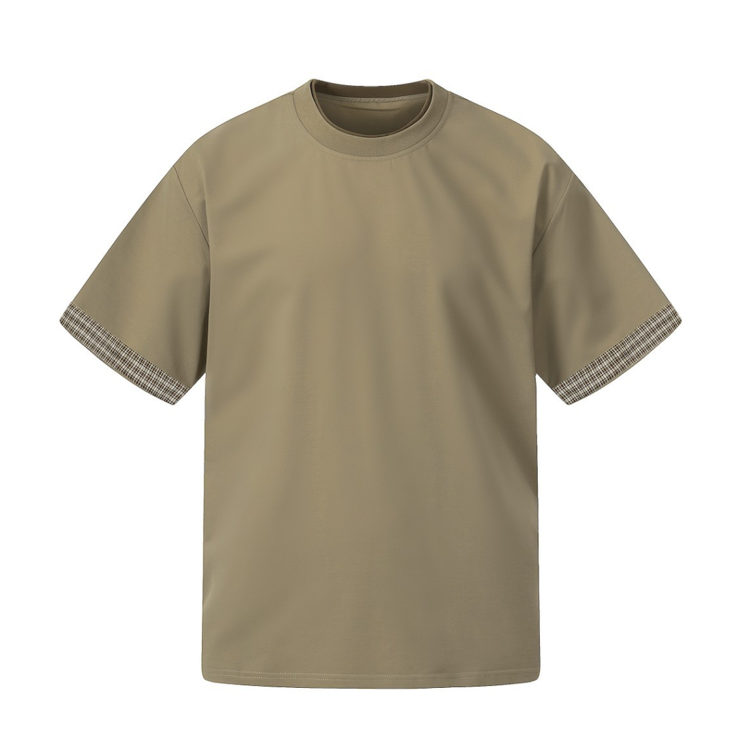 Cuff Check Faux Layered T-Shirt N1619 カーキブラウン