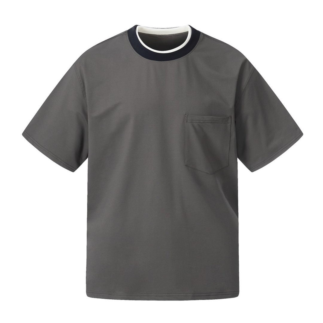フェイクレイヤードネック　ストレッチ　半袖Tシャツ　N1598