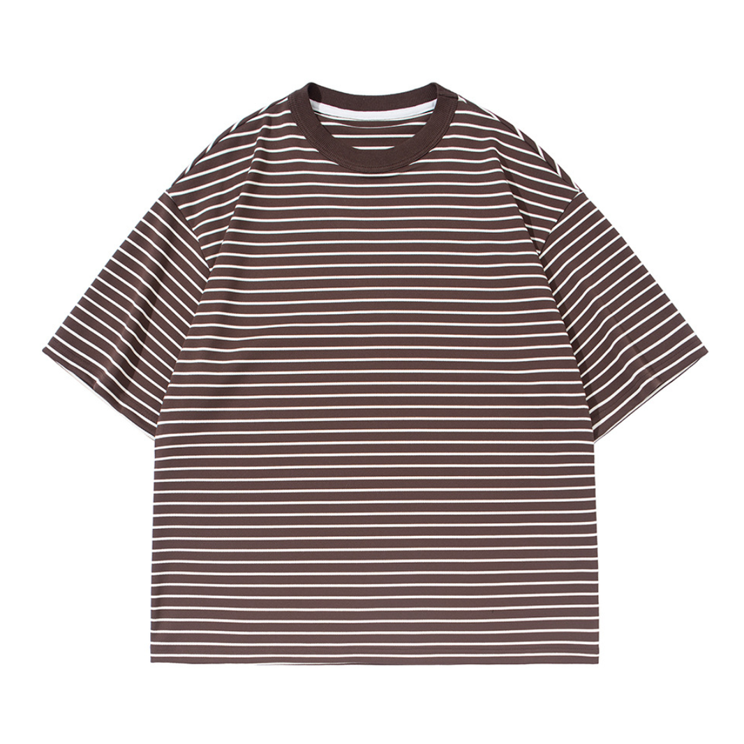 Fine-stripe stretch rayon T-shirt N1632 ブラウン
