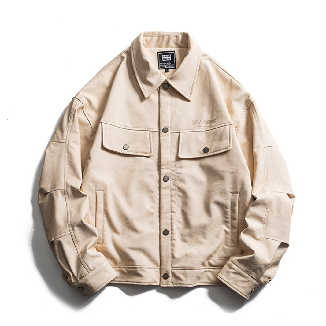 Eco-Leather Embroidered Logo Trucker Jacket N1665 ベージュ