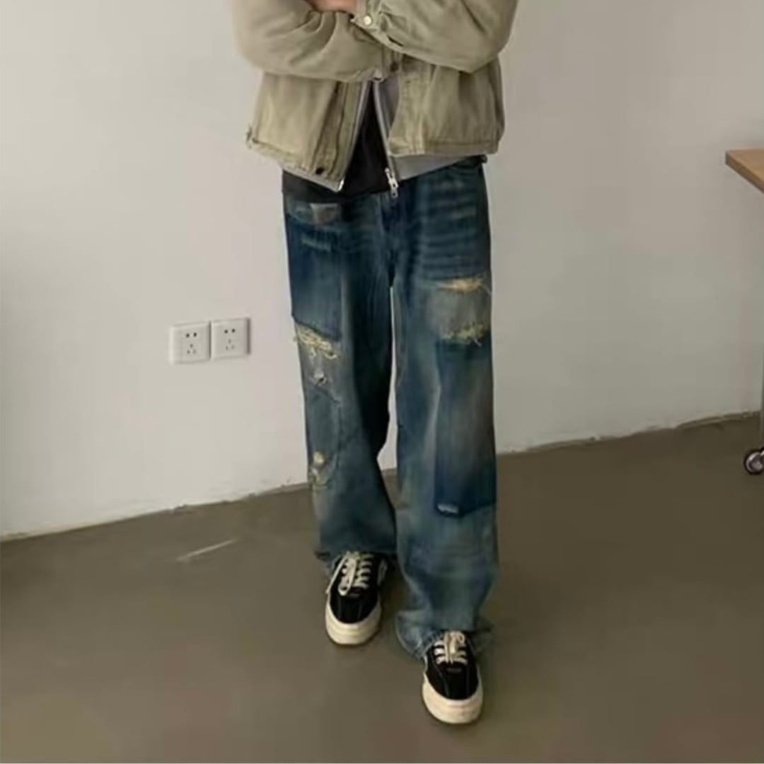 ダメージ　パッチワークデニム　ワイドストレートパンツ　C252