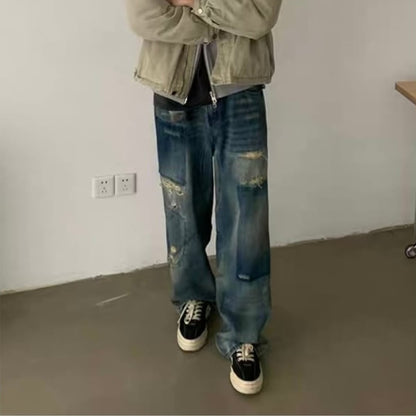 ダメージ　パッチワークデニム　ワイドストレートパンツ　C252