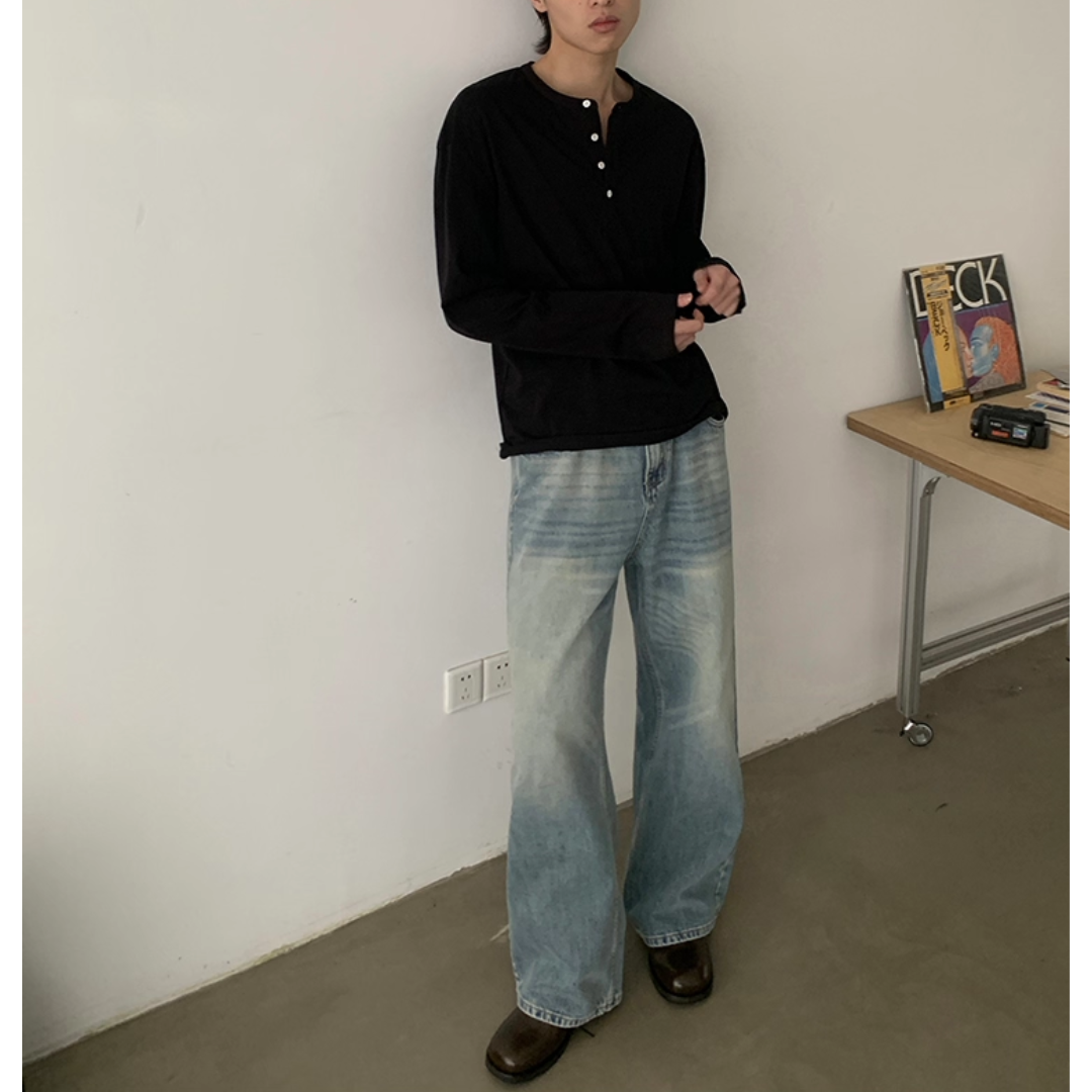 スラブコットン　ヘンリーネック　長袖Tシャツ　N658