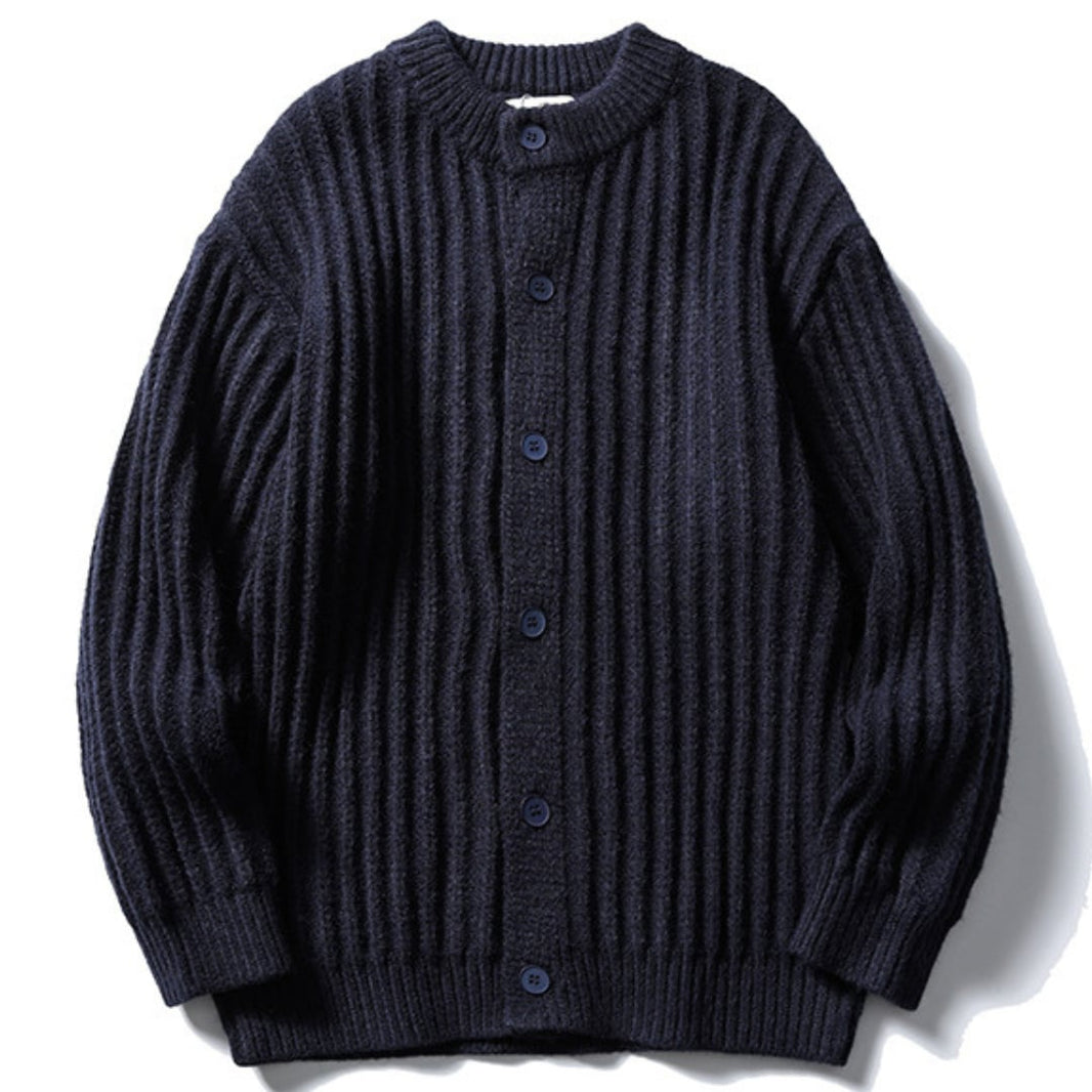 リブ編み クルーネック カーディガン B845 ネイビーブルー