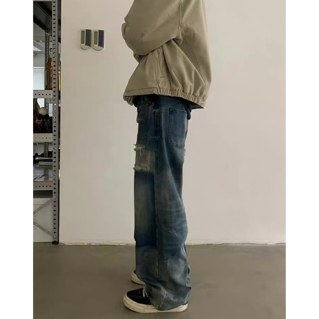 ダメージ　パッチワークデニム　ワイドストレートパンツ　C252