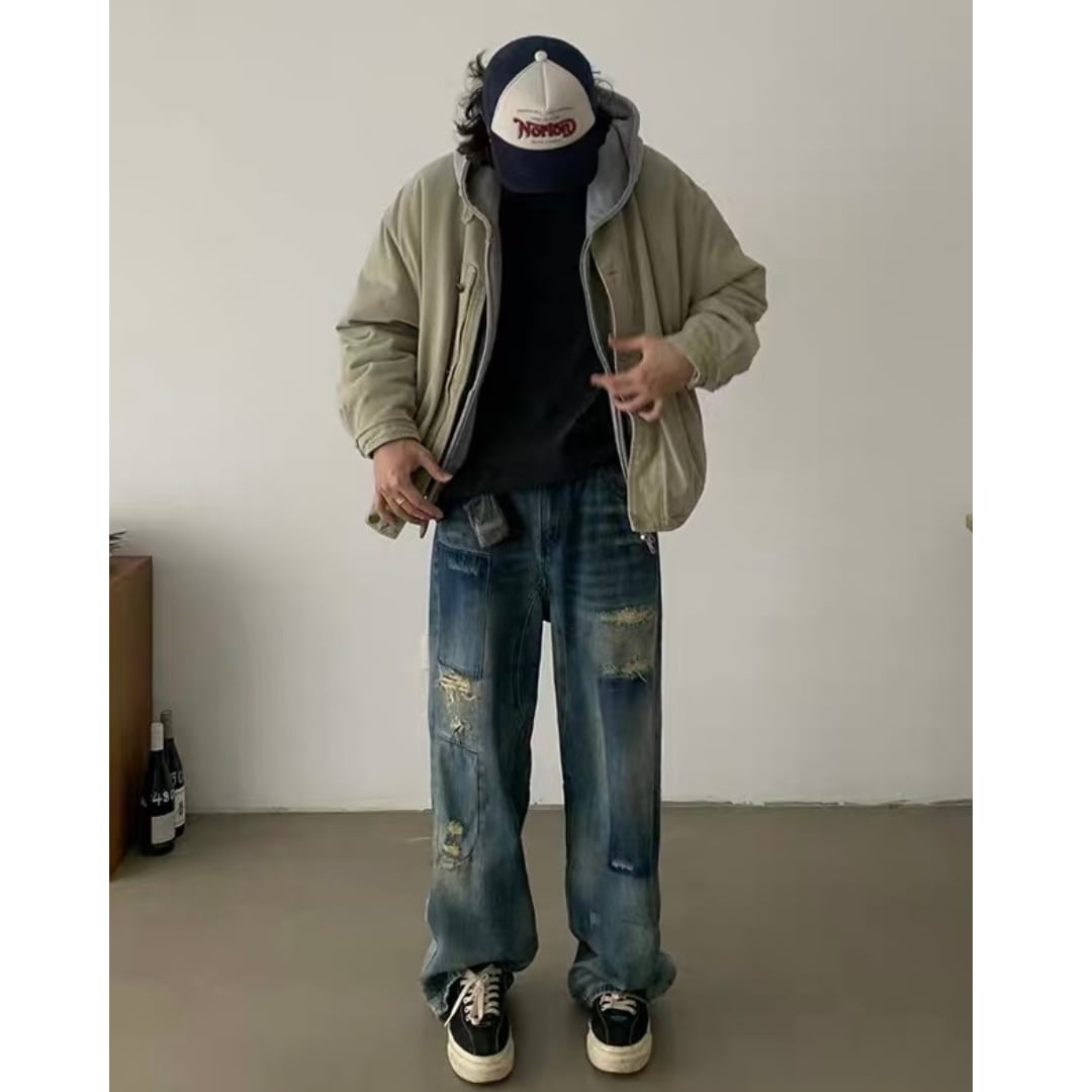 ダメージ　パッチワークデニム　ワイドストレートパンツ　C252