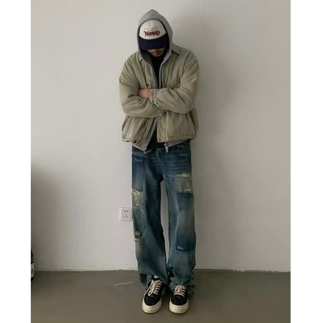 ダメージ　パッチワークデニム　ワイドストレートパンツ　C252