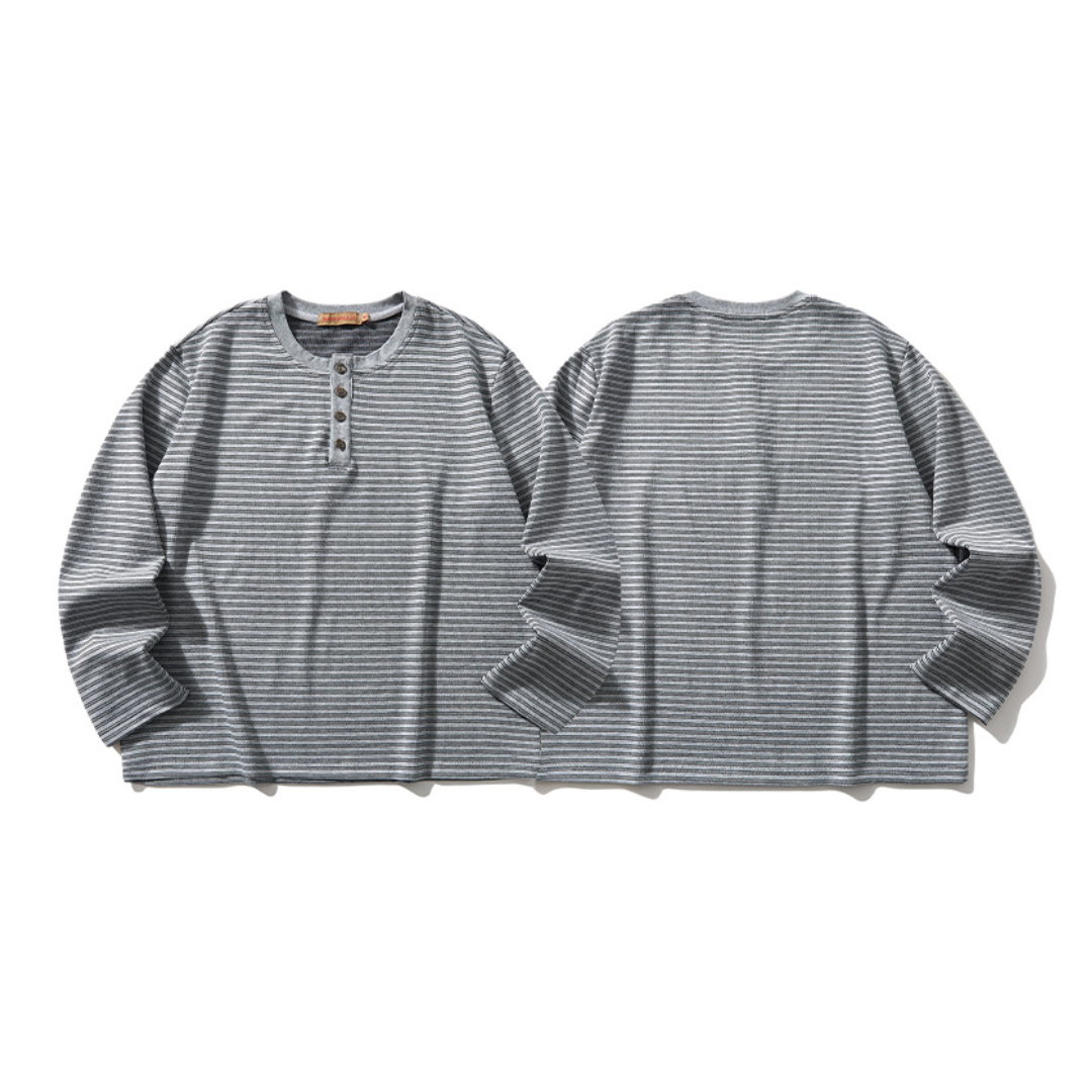 ストレッチボーダー　ヘンリーネック　長袖Tシャツ　N1673